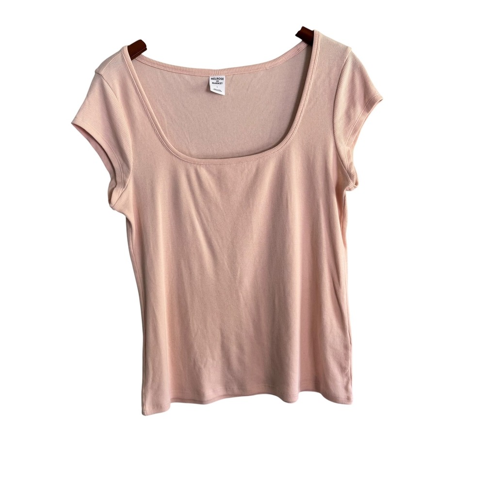 Melrose and Market Womens Pink Ribbed Scoop Neck Short Sleeve Top MM491193MI L